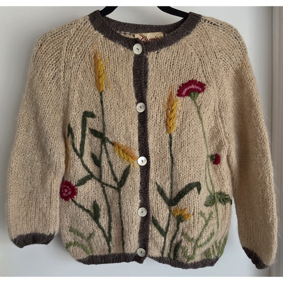M Made In Italy Sweaters - VTG Savoia de Italia Mohair Blend Cardigan Tan Floral Long Sleeve Boho Embroider